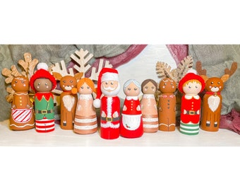 Christmas 2020 Peg Doll Set | Mr. and Mrs. Claus | Elves | Reindeer | Gingerbread | Christmas Gift | Hand Painted | Santa | Christmas