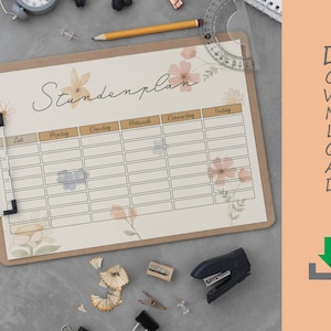 Könnte beinhalten: Eine druckbare Wochenplanvorlage mit floralem Design. Die Vorlage trägt den Titel "Stundenplan" und enthält Spalten für Zeit, Montag, Dienstag, Mittwoch, Donnerstag und Freitag.