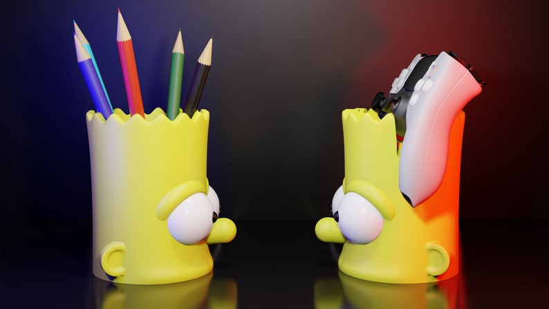 May include: Two yellow cartoon character pencil holders. One holder has five colored pencils inside. The other holder has a white and black video game controller inside.