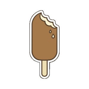 May include: A brown chocolate popsicle with a bite taken out of it. The popsicle is dripping with melted chocolate.