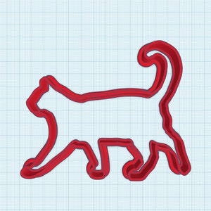 May include: Red silhouette of a cat walking with its tail curled up. The cat is outlined in a darker red.