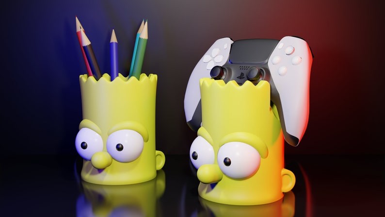 May include: Two yellow Simpsons character-shaped pencil holders. One holder has four colored pencils inside. The other holder has a white and black video game controller inside.