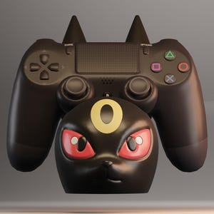 Puede incluir: Un personaje Pokemon negro y amarillo con ojos rojos, sosteniendo un mando de PlayStation 4 negro.