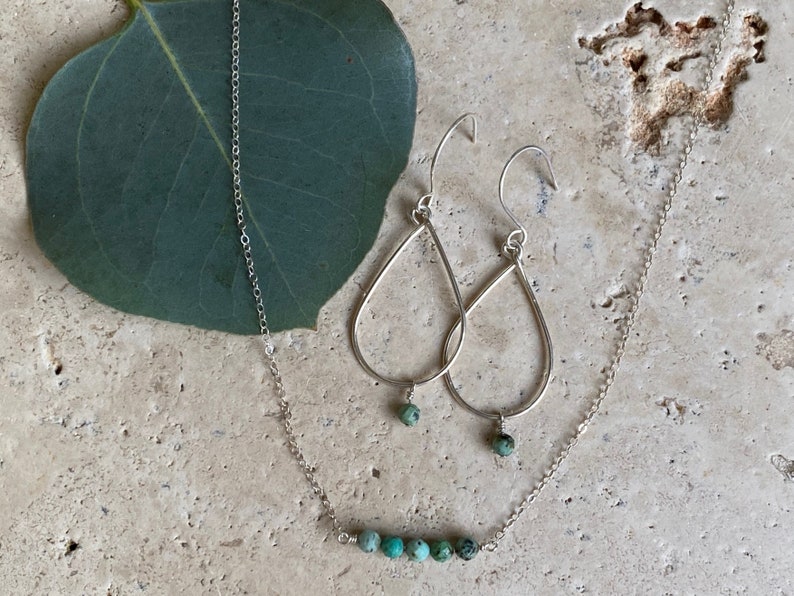 Sterling silver African Turquoise gemstone teardop shaped earrings and necklace set
