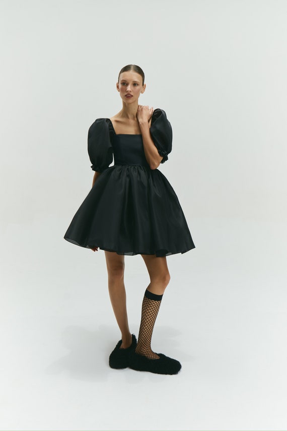 black organza puff sleeve dress Black Organza Dress Bertha: Puffed Sleeves, Adjustable Fit