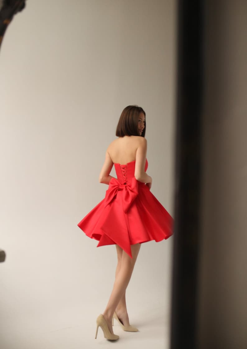 Emily dress with bow in back, short wedding dress with bow, Rehearsal dinner dress, Dramatic bow at back image 6