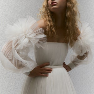 Patty dress, short wedding pleated dress with detachable long sleeves image 1