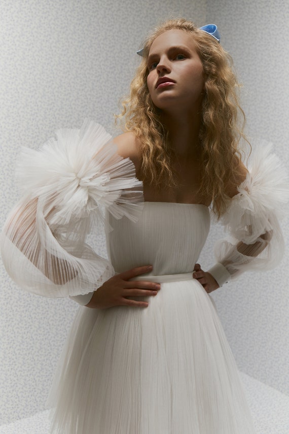 Pleated Tulle Short Wedding Dress with Detachable Sleeves, Patty Pleated Tulle Short Wedding Dress with Detachable Sleeves, Patty