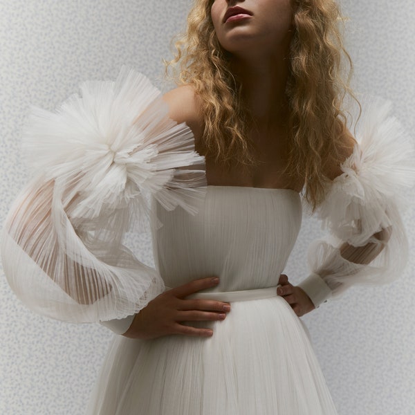 Pleated Tulle Short Wedding Dress with Detachable Sleeves, Patty