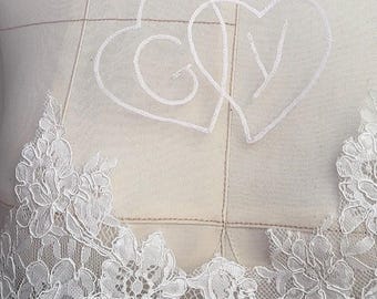 Custom Hand Embroidered Wedding Veil, Personalized Hearts Names Initials