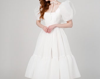Maria Kleid, Midi Brautkleid, Organza Puff Ärmel Brautkleid, Elopement Kleid, Probeabendkleid, Teelänge Kleid