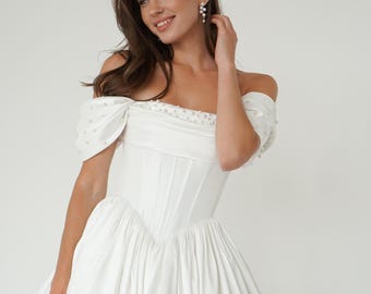 Mikado Mini Wedding Dress: Corset, Bubble Skirt, Pearl Details