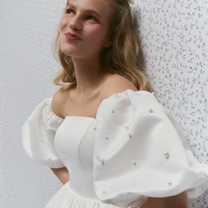 Penelope Short Wedding Dress: Pearl Puffy Sleeves