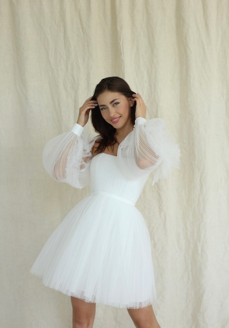 Patty dress, short wedding pleated dress with detachable long sleeves image 3