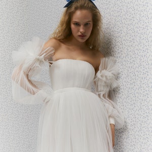 Patty dress, short wedding pleated dress with detachable long sleeves image 2