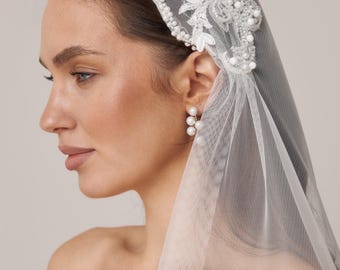 Velo Juliet Cap Veil, Velo de novia de encaje con caperuza, Velo de novia vintage, Tocado Art Déco de los años 20, Alma
