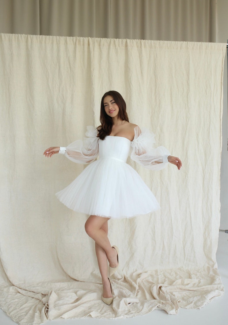 Patty dress, short wedding pleated dress with detachable long sleeves image 6