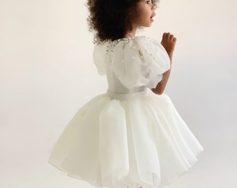 Peggi Dress, Flowers girls dress, Ivory Organza dress decorated pearls, Dress for girls