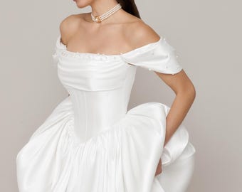 High low Wedding Dress, Mikado Bridal Gown, Bubble Bridal, Basque Waist, Olivia - Marie Dress