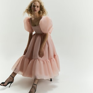 Maria Midi dress, Blush Organza Puff Dress, Rehearsal dinner dress, Midi Wedding Dress, Tea length dress