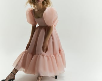 Maria Midi dress, Blush Organza Puff Dress, Rehearsal dinner dress, Midi Wedding Dress, Tea length dress