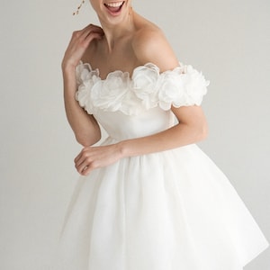 Mini Wedding Dress: Handmade 3D Flowers, Puffy Organza Skirt
