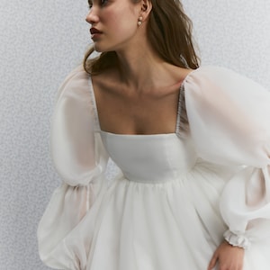 Vestido Bertha con mangas largas, Vestido para cena de ensayo, Vestido para escapada, Vestido para despedida de soltera, Vestido de compromiso, Vestido de novia corto