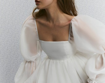 Bertha Kleid mit langen Ärmeln, Probeabendkleid, Elopement Kleid, Brautpartykleid, Verlobungskleid, kurzes Hochzeitskleid