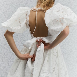 Cathy dress, Jacquard short puff sleeves dress, Short wedding dress, Mini wedding dress, Puff dress