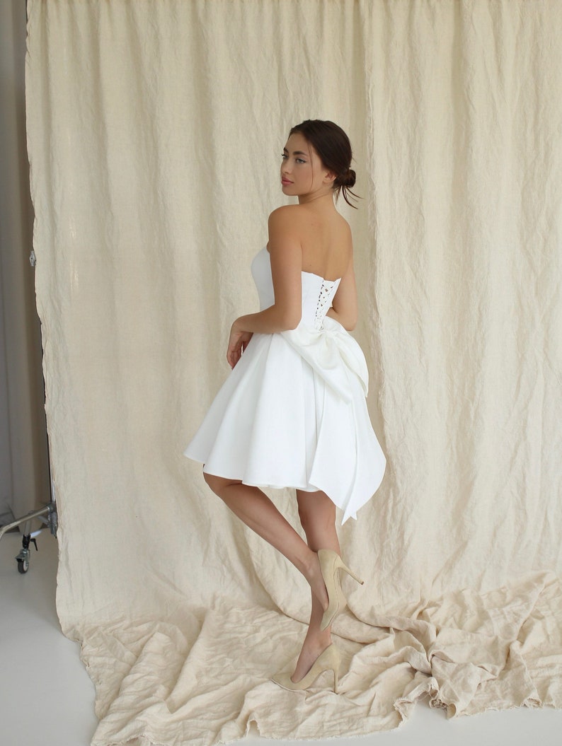 Emily dress with bow in back, short wedding dress with bow, Rehearsal dinner dress, Dramatic bow at back image 2