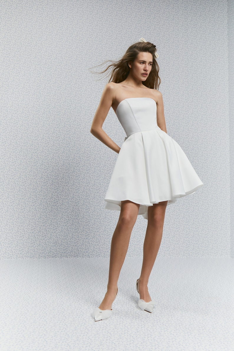 Emily dress with bow in back, short wedding dress with bow, Rehearsal dinner dress, Dramatic bow at back image 1