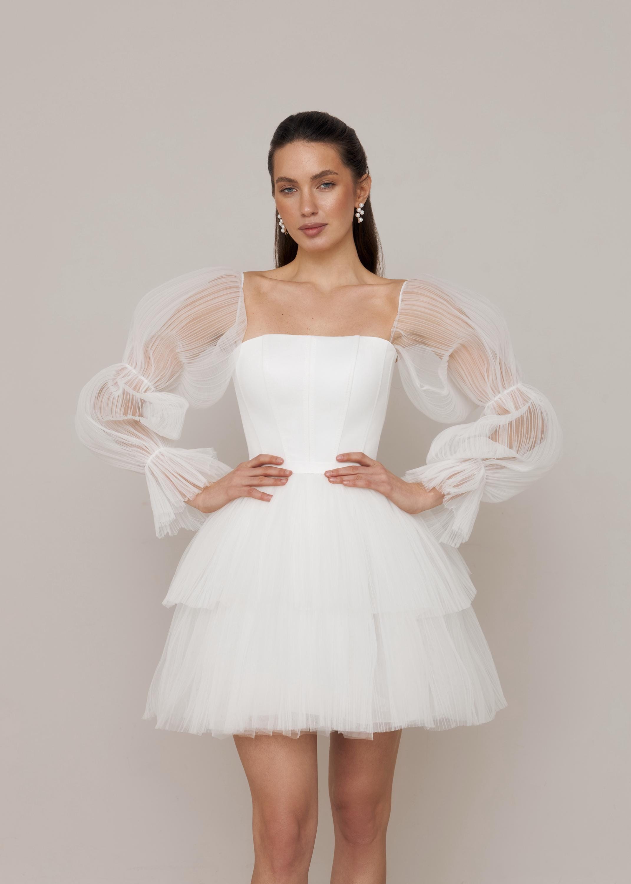 Mini Wedding Dress, Short Bridal Reception Dress with detachable Tulle Sleeves, Second Bridal Outfit, Scarlet Mini Wedding Dress, Short Bridal Reception Dress with detachable Tulle Sleeves, Second Bridal Outfit, Scarlet