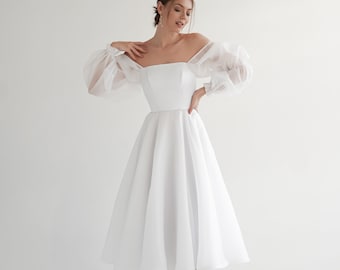 Bertha Midi Dress with long sleeves, Midi Wedding Dress, Elopements Dress, Civil Wedding Dress, Custom wedding dress