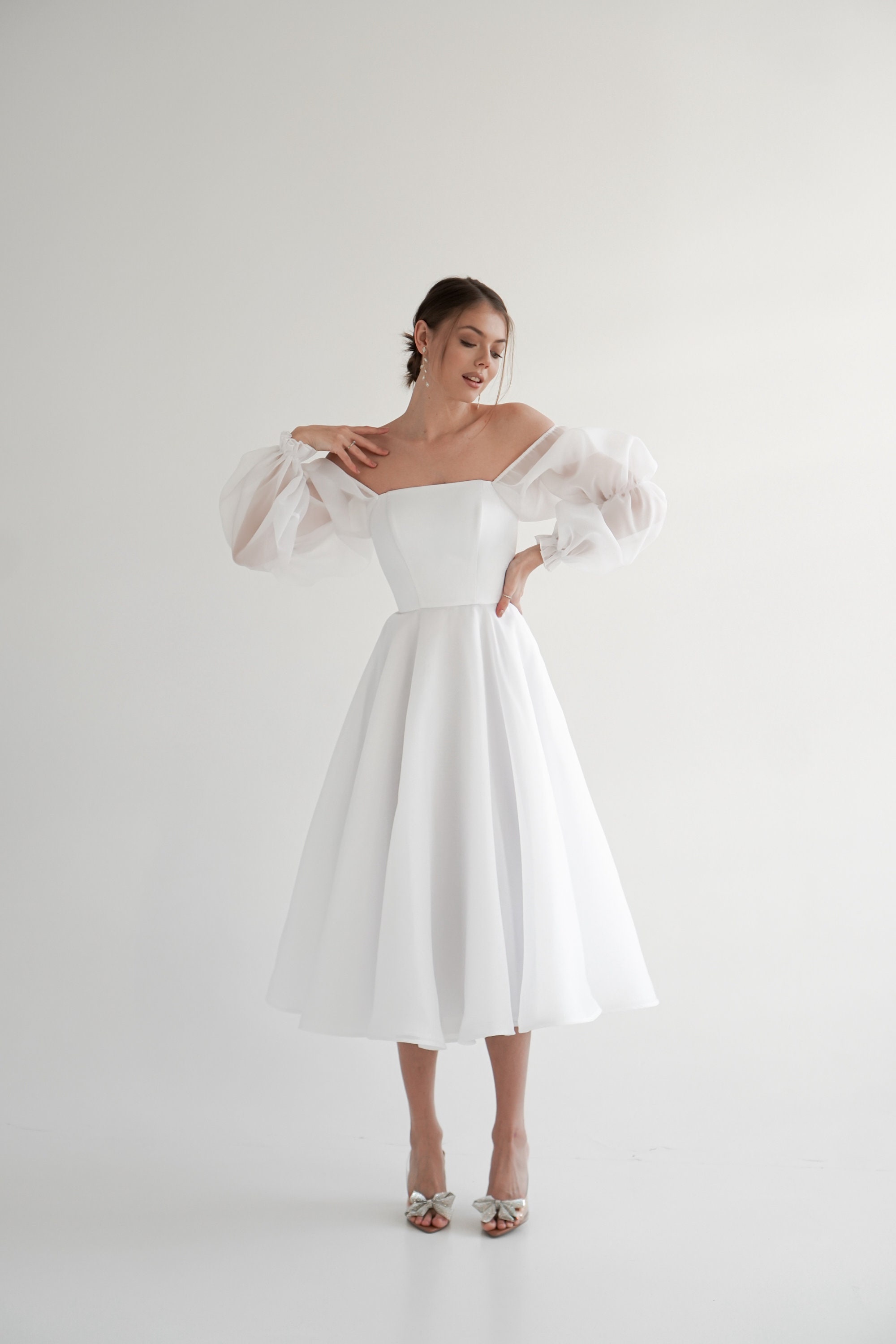 Short Sleeve Floral Lace Flowy Organza Skirt A-line Wedding Dress