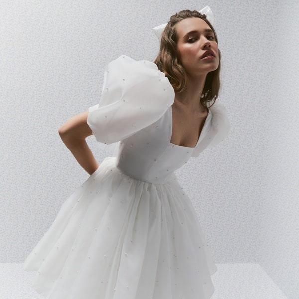 Pearl Organza Mini Wedding Dress: Lace-Up Bodice, Puffy Sleeves, Margaret Dress
