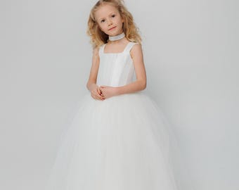Ivory Tulle Flower Girl Dress: Basque Waist Princess Ball Gown