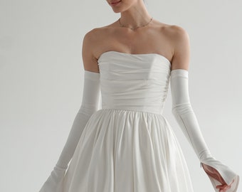 Aletta-Kleid mit Handschuhen, kurzes Hochzeitskleid, Elopement-Kleid