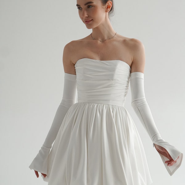 Aletta Dress with gloves, Short Wedding Dress, Elopement Dress