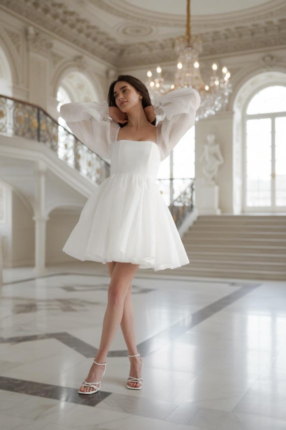 Wedding dress short, Rehearsal dinner dress, Elopement Dress, Bridal shower  dress, Engagement dress, Dress with long sleeves, Bertha