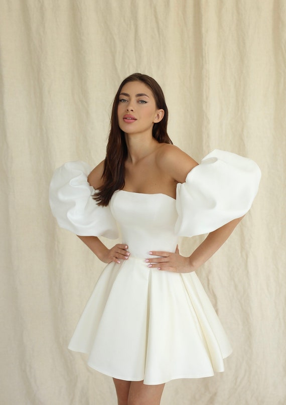 Emily Dress With Detachable Puffy Sleeves Mini Satin Wedding - Etsy Canada