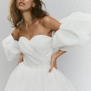Karen Short wedding dress, Mini bridal dress, Second wedding dress, Rehearsal dinner dress, Reception Dress, Organza Puff Sleeves Dress