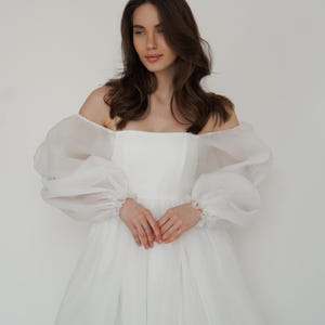 Vestido de novia corto, vestido para la cena de ensayo, vestido para una boda íntima, vestido para la despedida de soltera, vestido de compromiso, vestido de manga larga, vestido Bertha