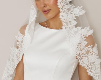 Ivory Lace Blusher Veil: Cathedral Length Mantilla, Detachable Comb