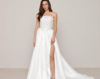Slit Bridal Gown, Basque Waist Wedding Dress, Vintage Style Wedding Gown, Antoinette- Monica Dress