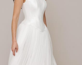Mikado Corset and Tulle Skirt Wedding Set, Two Pieces Bridal, Basque Waist, Made to Measure, Celeste