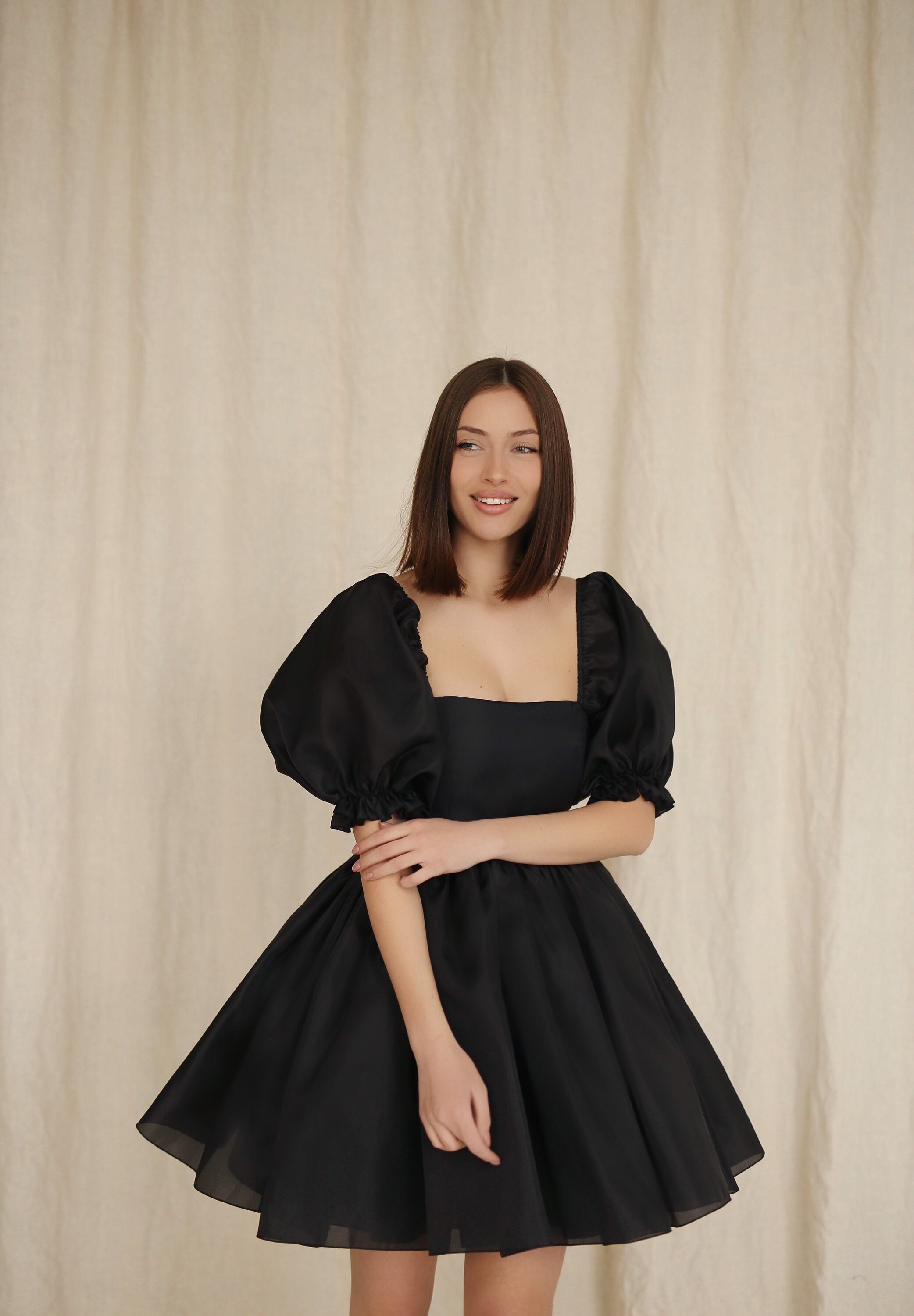 black organza puff sleeve dress Lace & Beads puff sleeve organza mini dress in black