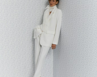 Ivory Wedding Suit: Elegant Pants and Jacket with Pearl Buttons