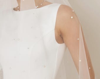Handmade Pearl Bridal Veil, Two Tier, Light Ivory Tulle
