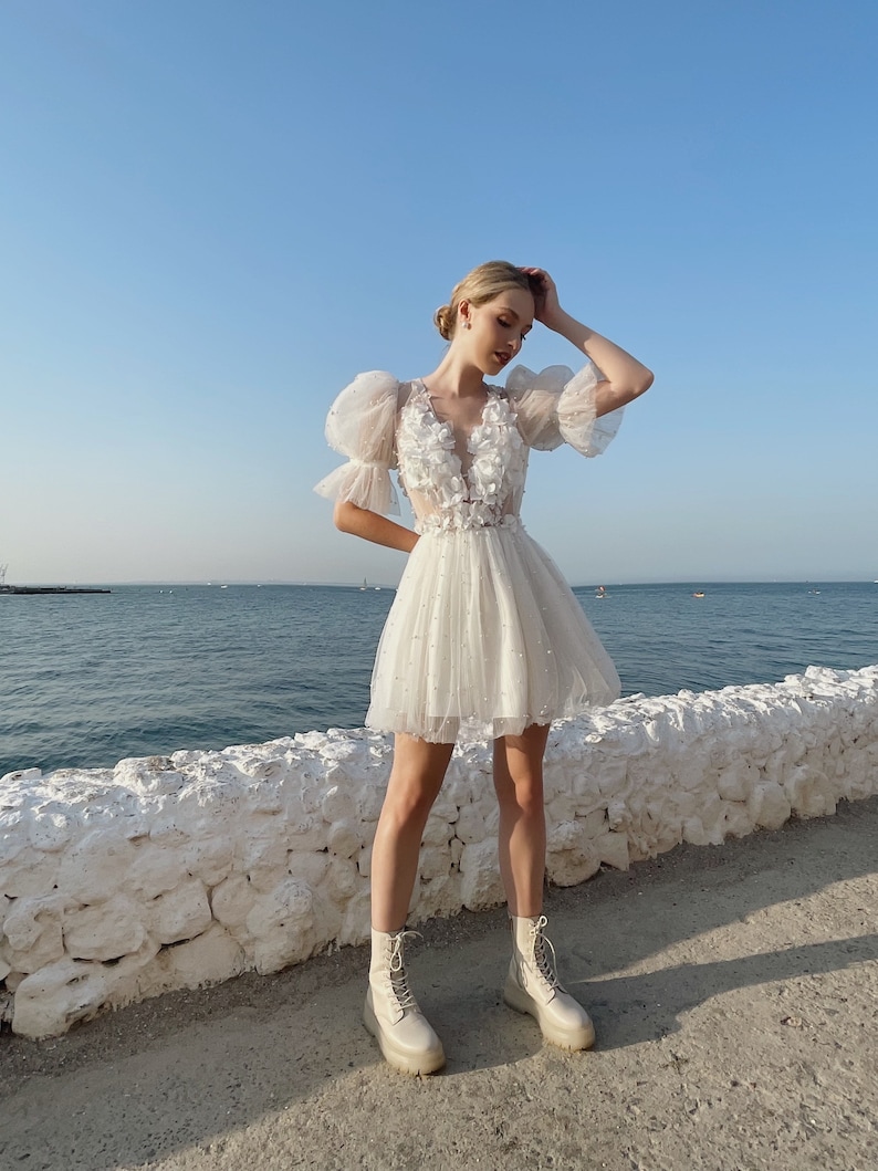 Jasmine Dress Wedding Short Puff Sleeves Dress Engagement Etsy