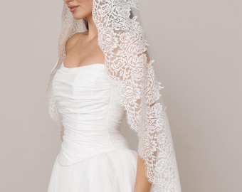 Lace Cathedral Veil, Catholic, Spanish, Wide Bridal Veil, Vintage, Handmade, Blusher, Edith
